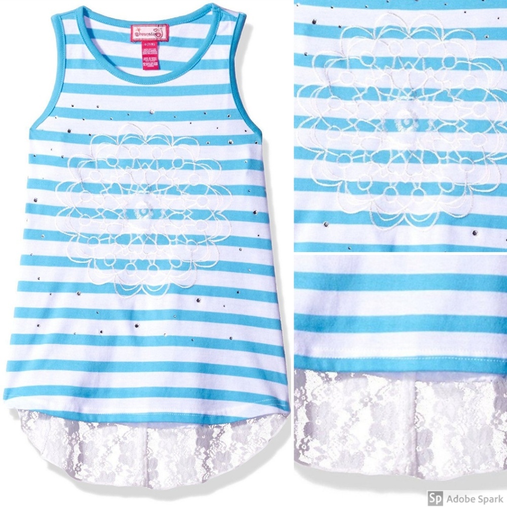 Dreamstar‎ Girls Tank Top Flower Rhinestone Lace Hem Blue Size 14